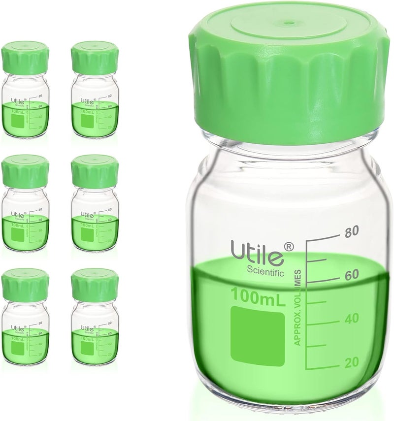 UTILE Media Bottle, 3.3 Borosilicate Glass Bottles with GL45 Screw Caps, 6pcs of 100ml(3.38oz) Lab Media Bottles, PP Material Media Storage Bottle, 4038.0100.6 - Image 1